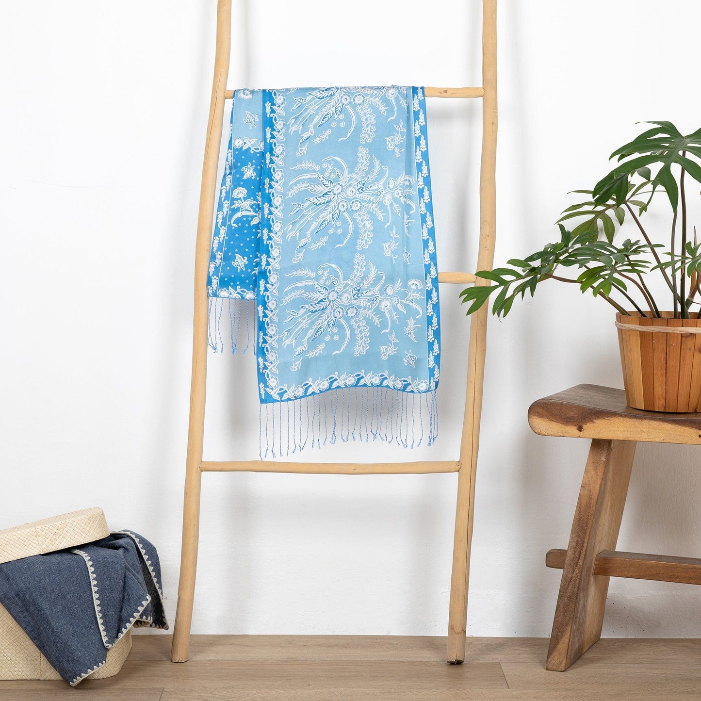 Batik Silk Scarf from Indonesia - Sky Blue Blossom