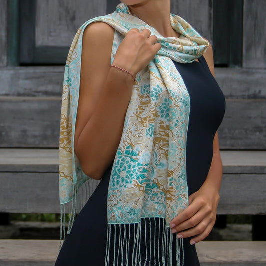 Batik Silk Patterned Scarf - Green Lotus Pond