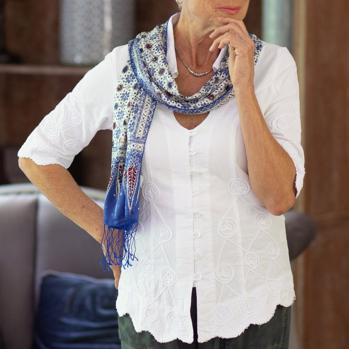 Batik Silk Scarf from Indonesia - Blue Jasmine