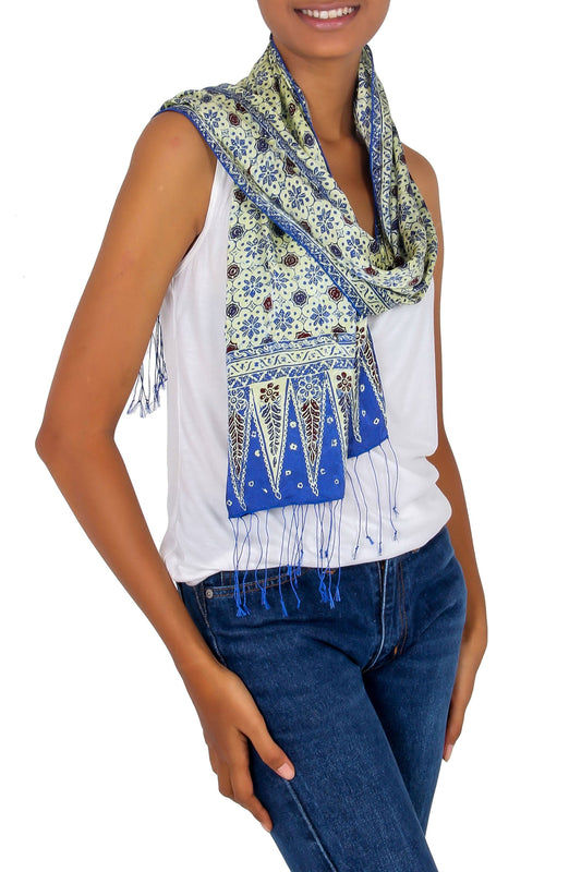 Batik Silk Scarf from Indonesia - Blue Jasmine