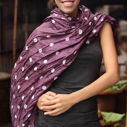 Batik Patterned Scarf from Thailand - Purple Polka Retro