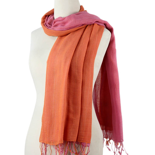 2-in-1 Hand-woven Cotton Reversible Scarf - Orange Pink Duet