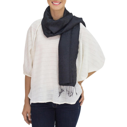 Black Floral Silk and Rayon Blend Scarf from Thailand - Black Bouquet