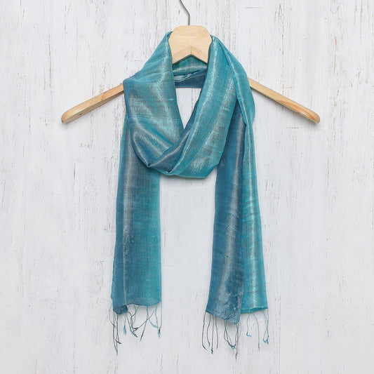 Artisan Crafted 100% Silk Teal Wrap Scarf from Thailand - Peacock Blue