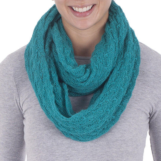 Alpaca Blend Knit Infinity Scarf in Teal from Peru - Fashionable Andes in Teal
