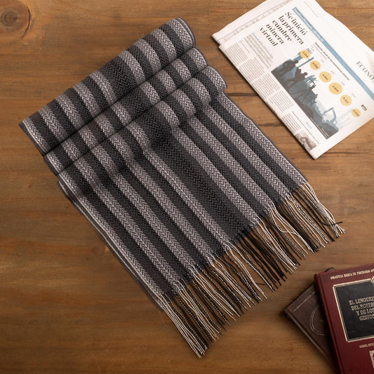 Alpaca Blend Men's Scarf in Pearl Grey and Black from Peru - Dark Style