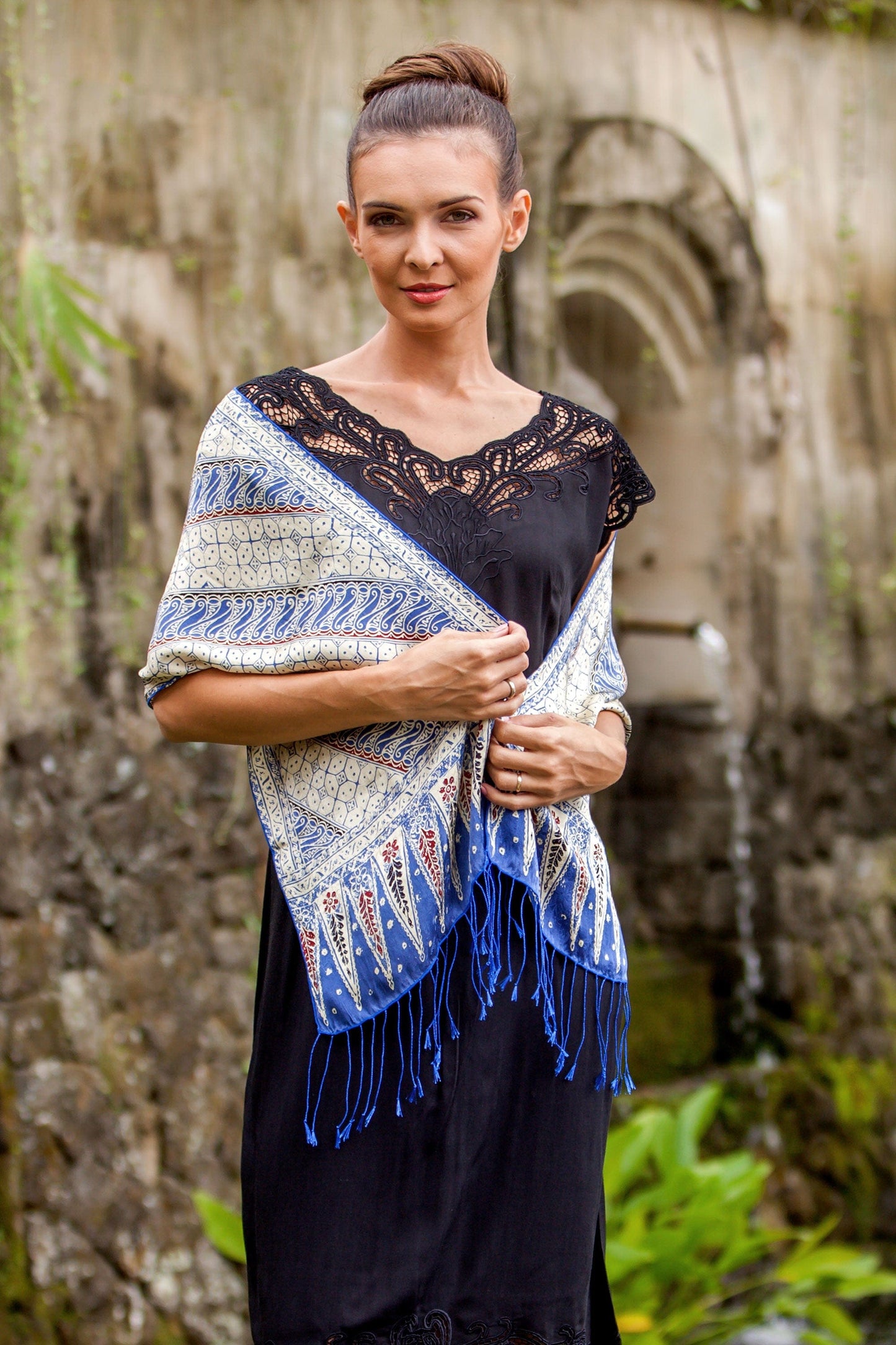Batik Silk Scarf with Parang Motifs in Indigo from Bali - Parang World in Indigo