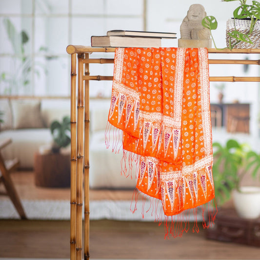 Batik Silk Shawl with Truntum Motifs in Tangerine from Bali - Truntum Majesty