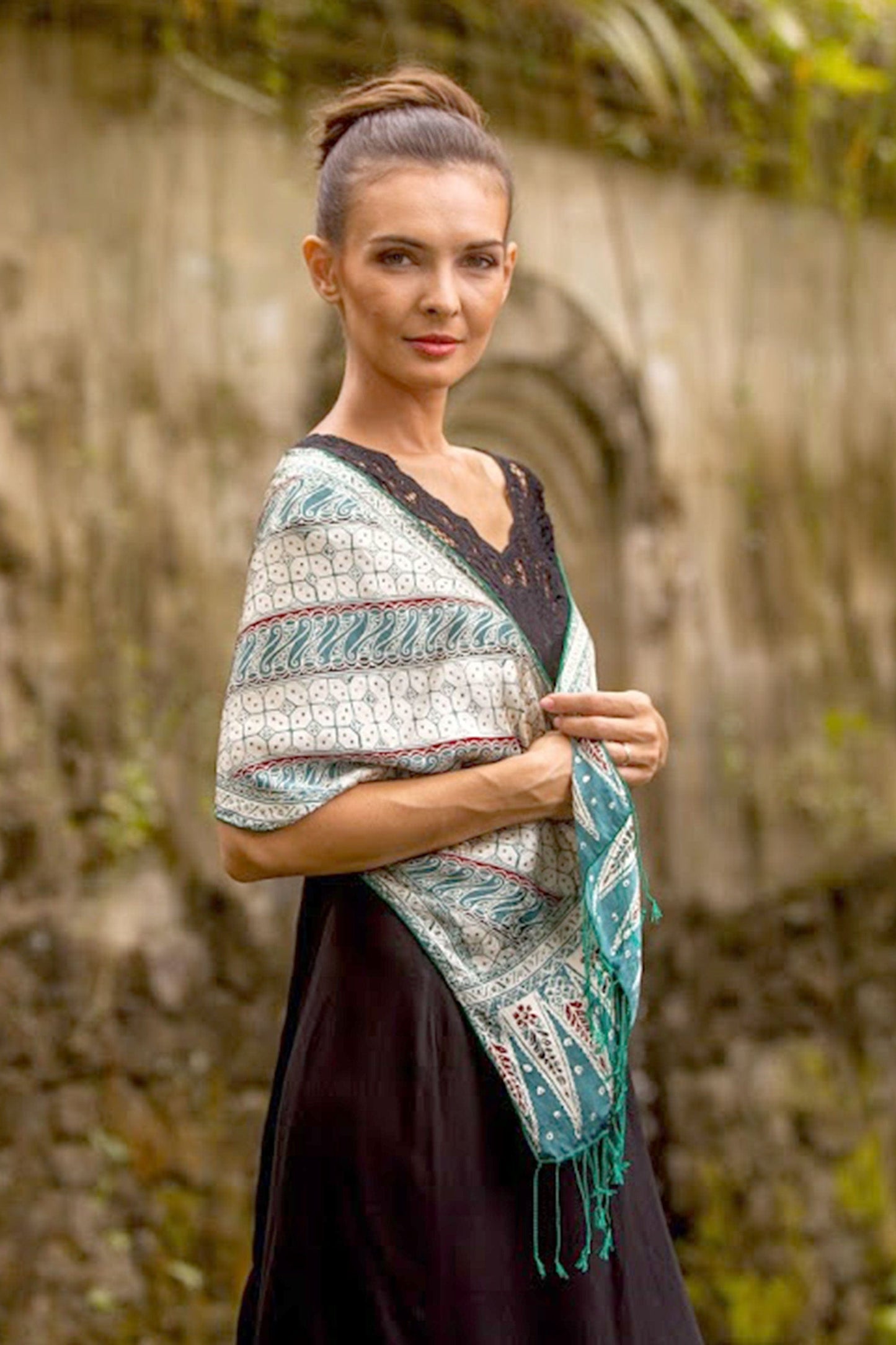 Batik Silk Scarf with Parang Motifs in Moss from Bali - Parang World in Moss