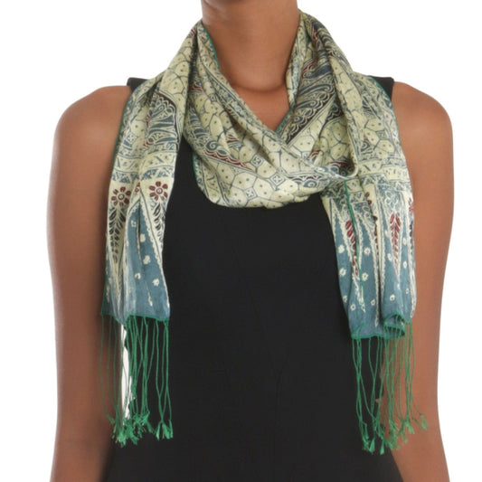 Batik Silk Scarf with Parang Motifs in Moss from Bali - Parang World in Moss