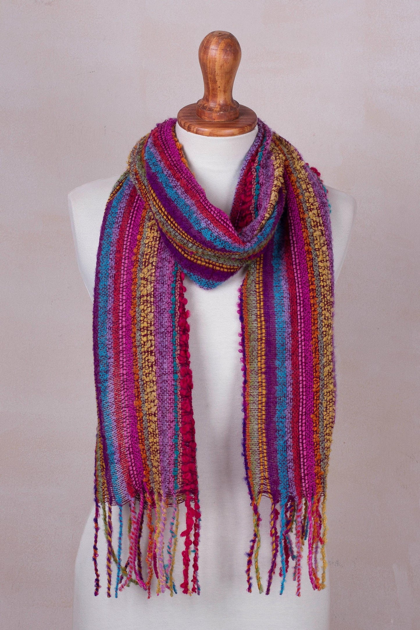 Baby Alpaca Blend Hand Woven Colorful Striped Scarf - Draped with Color