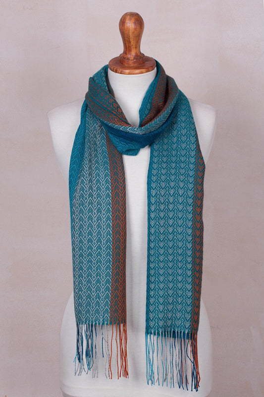 Baby Alpaca Blend Hand Woven Blue and Orange Striped Scarf - Mountain Rain