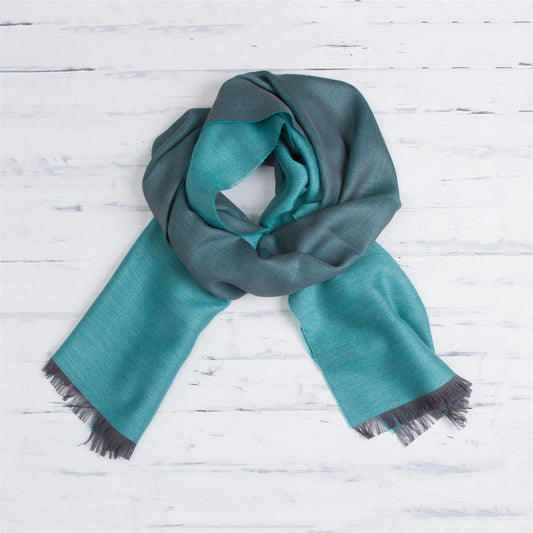 Baby Alpaca and Silk Blend Teal and Grey Reversible Scarf - Options in Teal