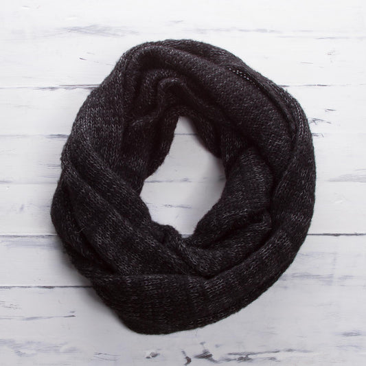 Black and Grey Alpaca Blend Infinity Scarf from Peru - Night Mountains