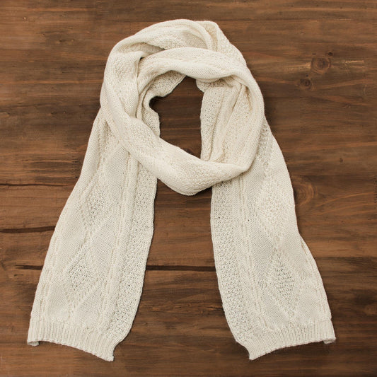 100% Alpaca Knit Wrap Scarf in Alabaster from Peru - Alabaster Diamonds
