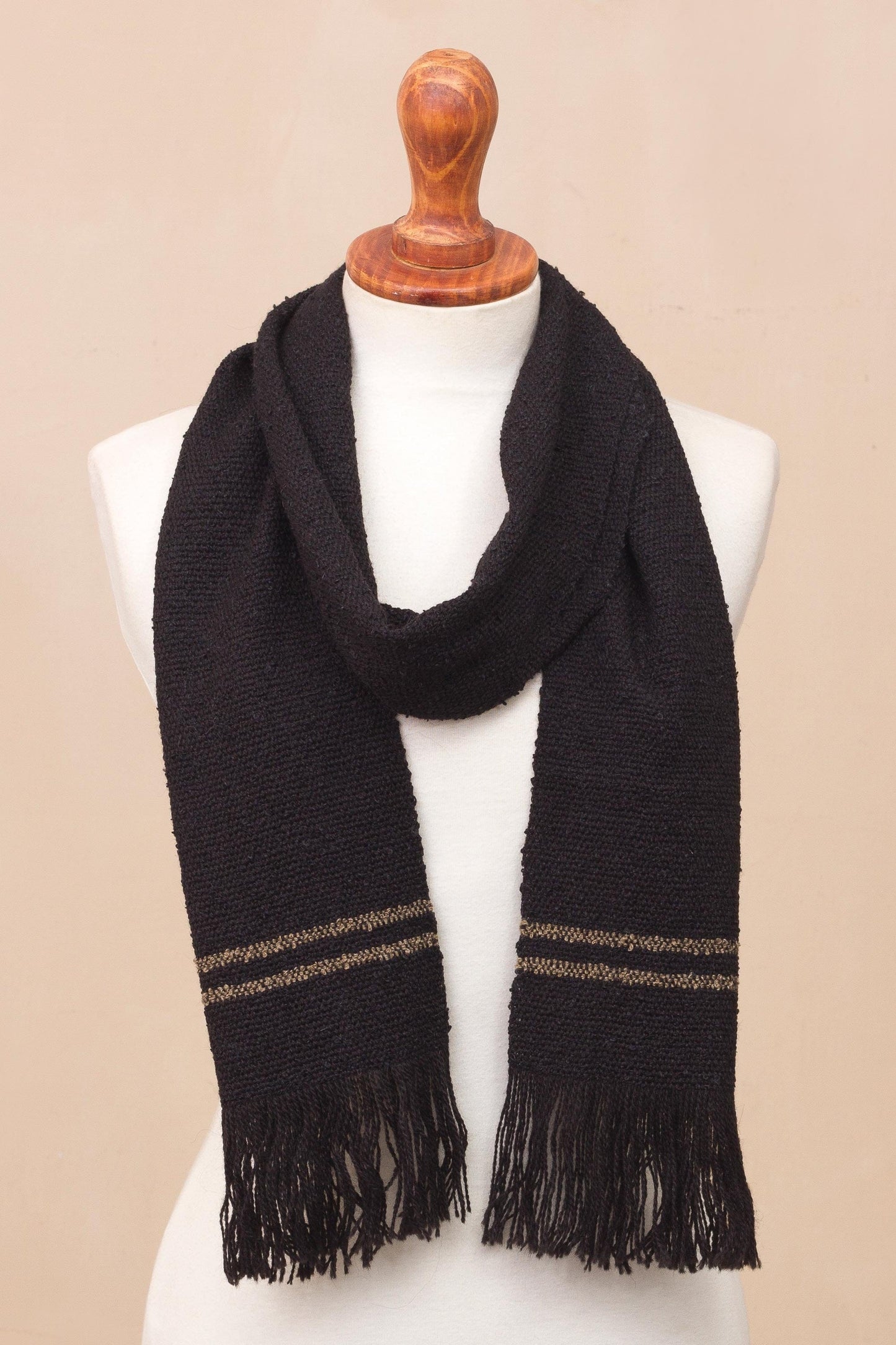 Black Alpaca Blend Scarf with Umber Stripes from Peru - Simplicity