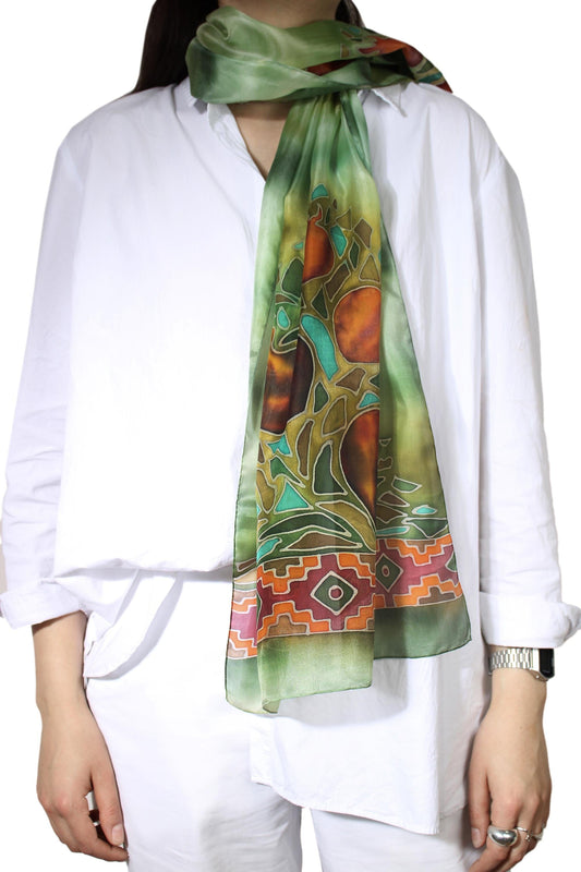 Armenian Hand Painted Scarf in 100% Silk - Pomegranate Summer