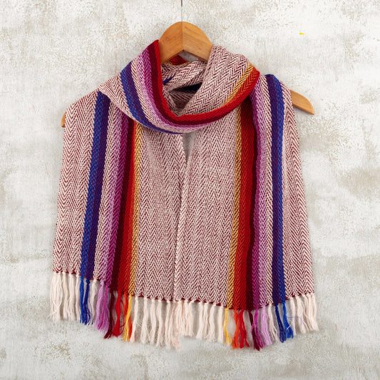 100% Alpaca Striped Scarf with Fringe Hand-Woven in Peru - Floral Colors