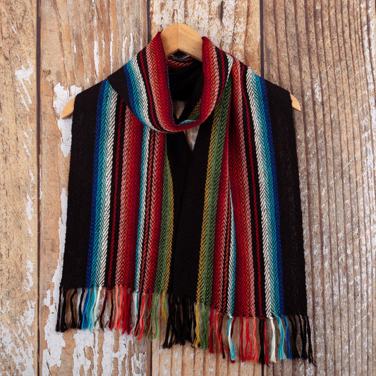 100% Alpaca Fringed Scarf with Stripes Hand-Woven in Peru - Family