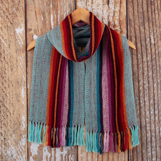 100% Alpaca Striped Scarf with Fringe Hand-Woven in Peru - Dusk