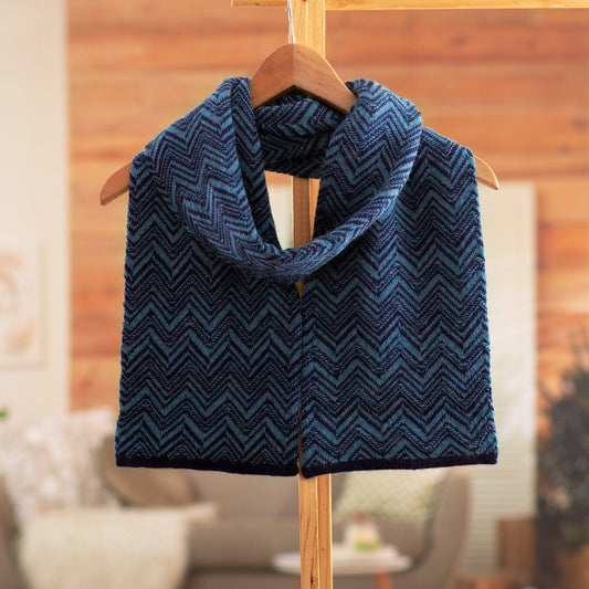 100% Alpaca Knit Scarf with Inverted Chevron Pattern in Blue - Mountain Range