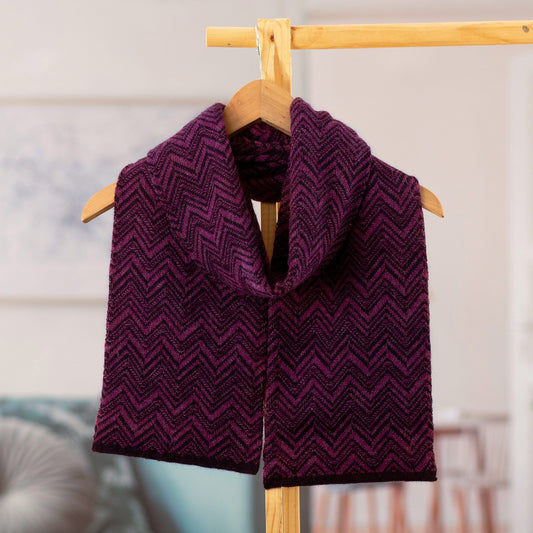 100% Alpaca Knit Scarf with Chevron Pattern in Purple Hues - Mountain Range in Berry