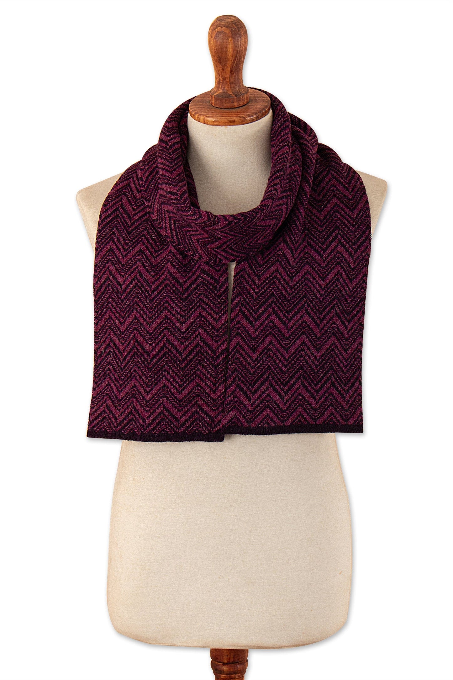100% Alpaca Knit Scarf with Chevron Pattern in Purple Hues - Mountain Range in Berry