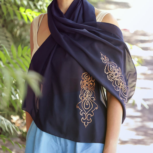 Armenian Blue Silk Scarf with Hand-Painted Motifs in Gold - Blue Splendor