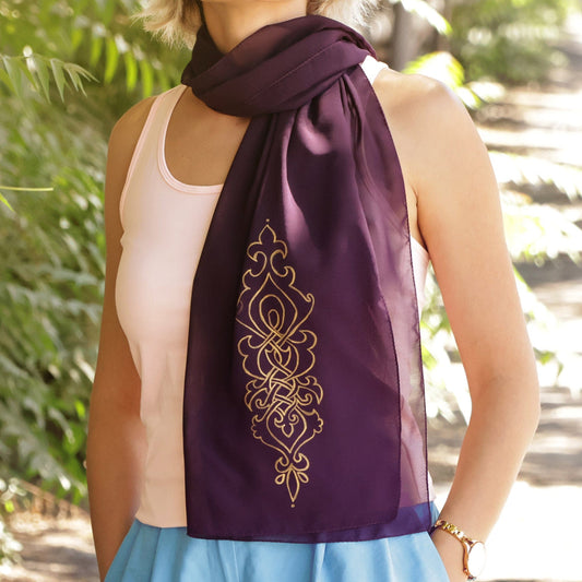 Armenian Purple Silk Scarf with Hand-Painted Motifs in Gold - Embellished Purple