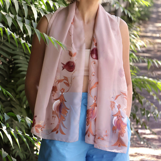 Bird and Pomegranate-Themed Hand-Painted Beige Silk Scarf - Beige Eden
