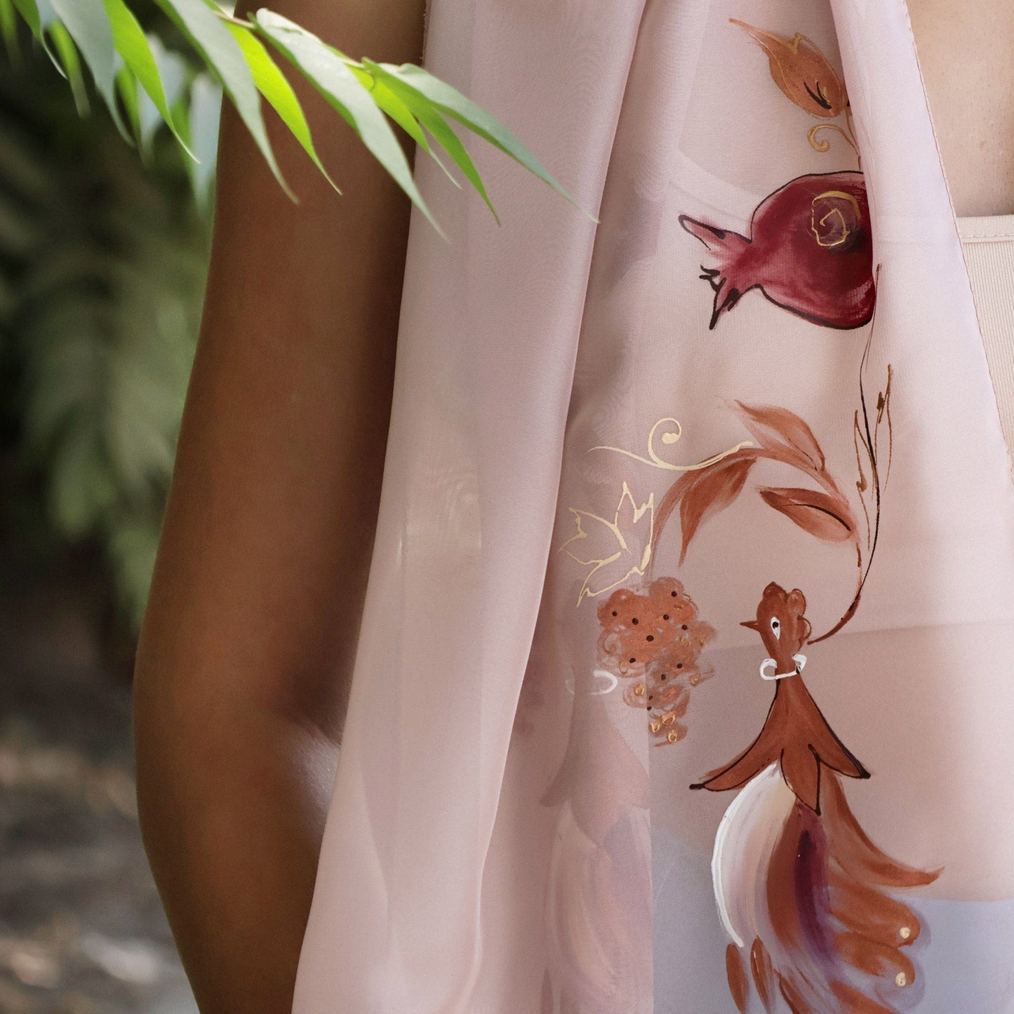 Bird and Pomegranate-Themed Hand-Painted Beige Silk Scarf - Beige Eden