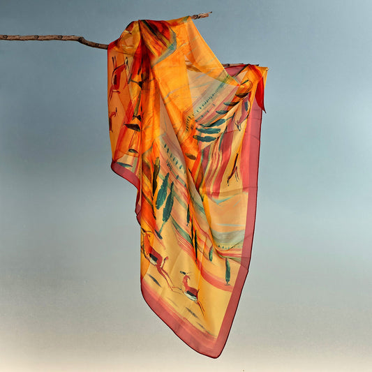 Armenian-Inspired Hand-Painted Sheer Soft Silk Chiffon Scarf - Gazelle Fable