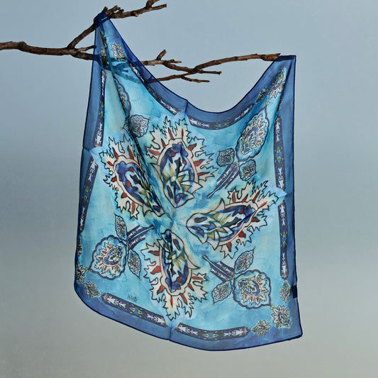 Armenian-Made Spring-Themed Painted Blue Silk Chiffon Scarf - Indigo Spring