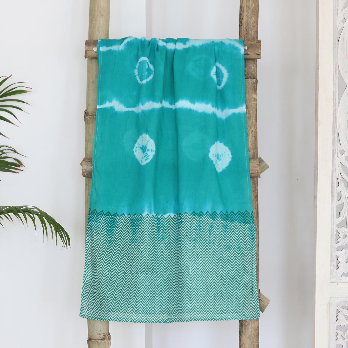 Batik Dyed Turquoise Colored Scarf with Zig Zag Finish - Serene Turquoise