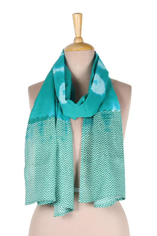 Batik Dyed Turquoise Colored Scarf with Zig Zag Finish - Serene Turquoise