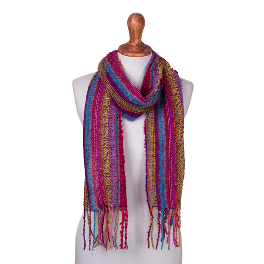 Baby Alpaca Blend Hand Woven Colorful Striped Scarf - Draped with Color