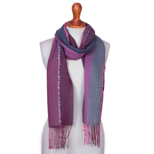 Baby Alpaca Blend Hand Woven Pink and Grey Striped Scarf - Rosy Splendor
