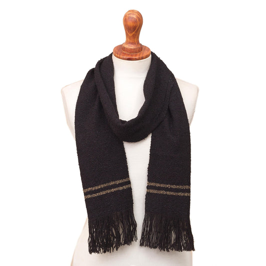 Black Alpaca Blend Scarf with Umber Stripes from Peru - Simplicity
