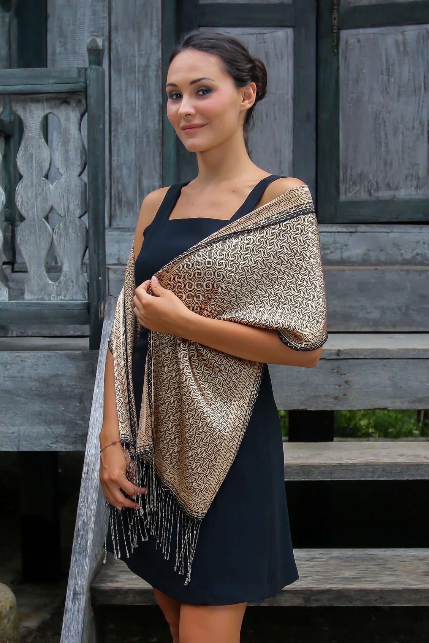 Batik Silk Patterned Scarf - Golden Rings