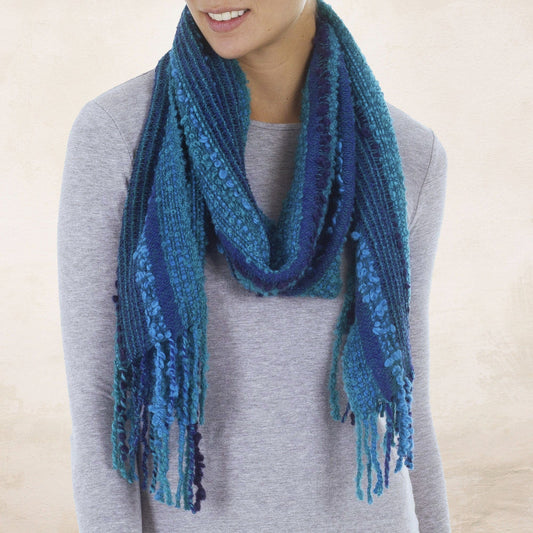 Baby Alpaca Blend Hand Woven Striped Blue Scarf from Peru - Bohemian Caribbean Blue