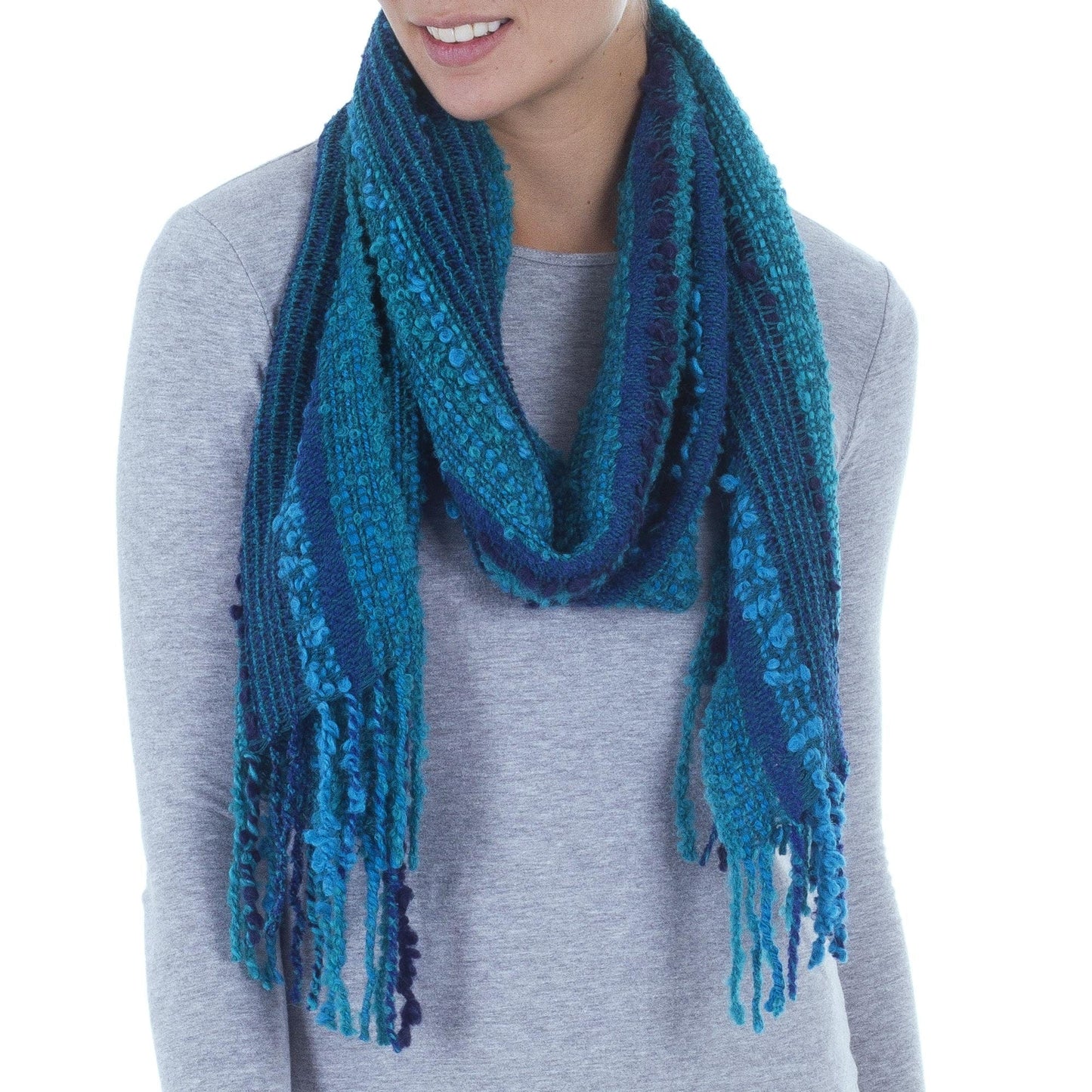 Baby Alpaca Blend Hand Woven Striped Blue Scarf from Peru - Bohemian Caribbean Blue