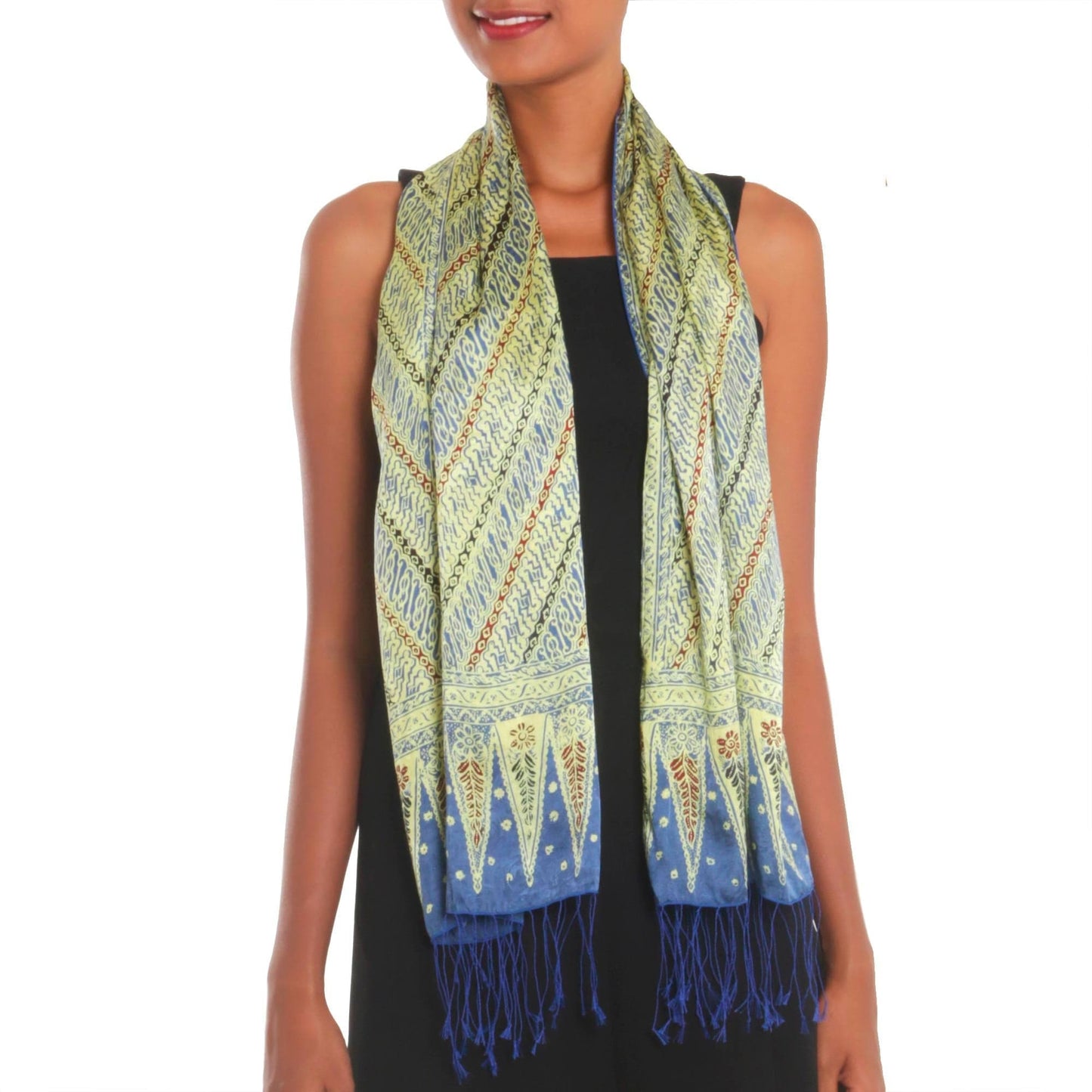 Batik Silk Scarf with Parang Motifs in Chartreuse from Bali - Parang Majesty