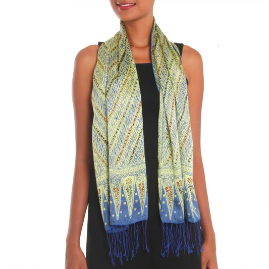 Batik Silk Scarf with Parang Motifs in Chartreuse from Bali - Parang Majesty