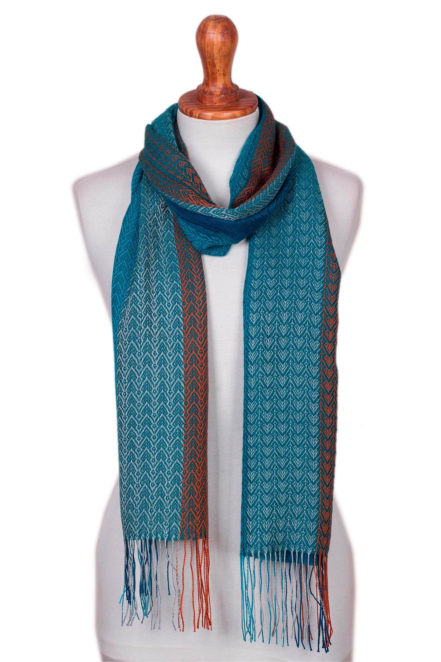 Baby Alpaca Blend Hand Woven Blue and Orange Striped Scarf - Mountain Rain