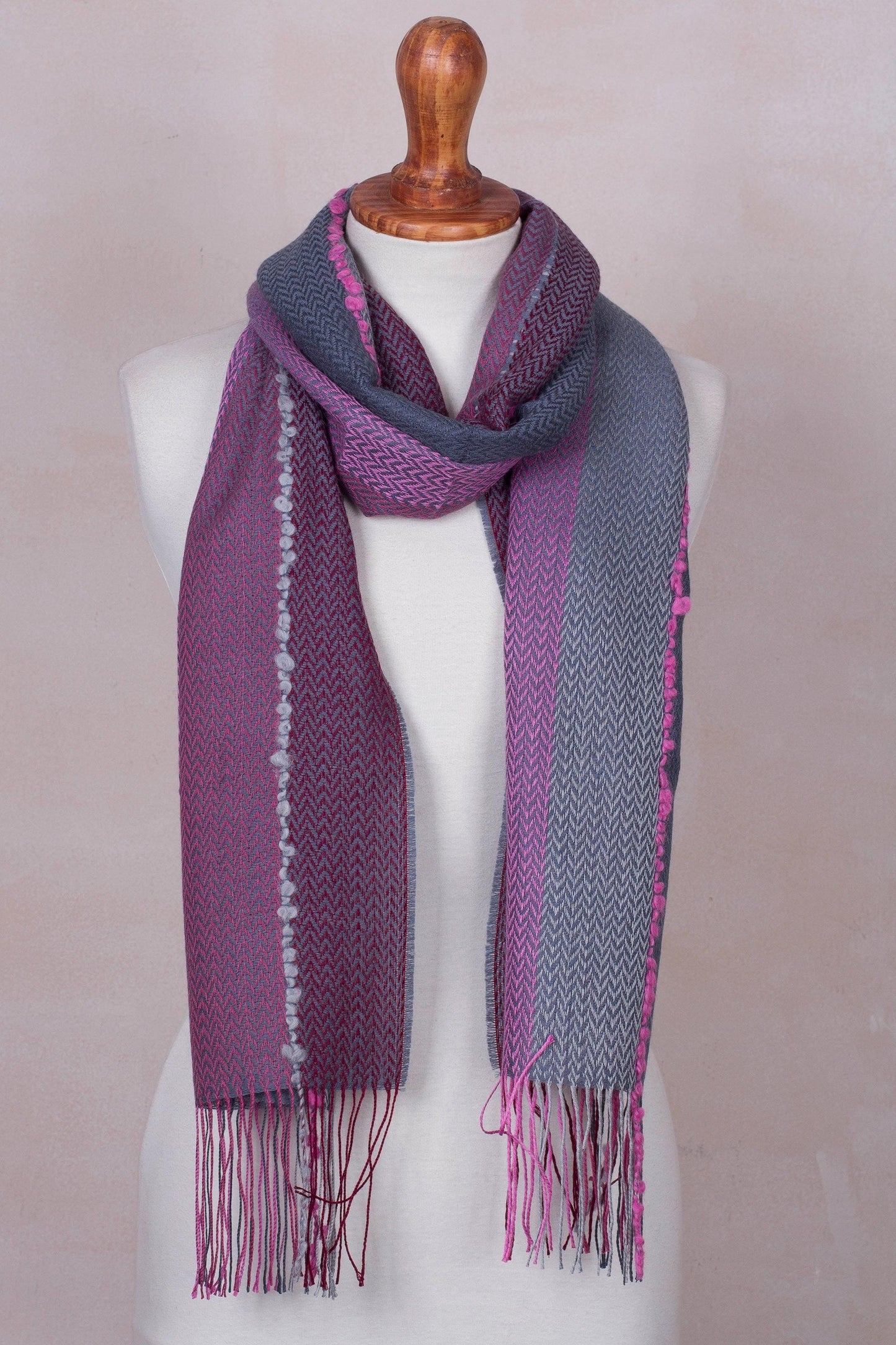 Baby Alpaca Blend Hand Woven Pink and Grey Striped Scarf - Rosy Splendor