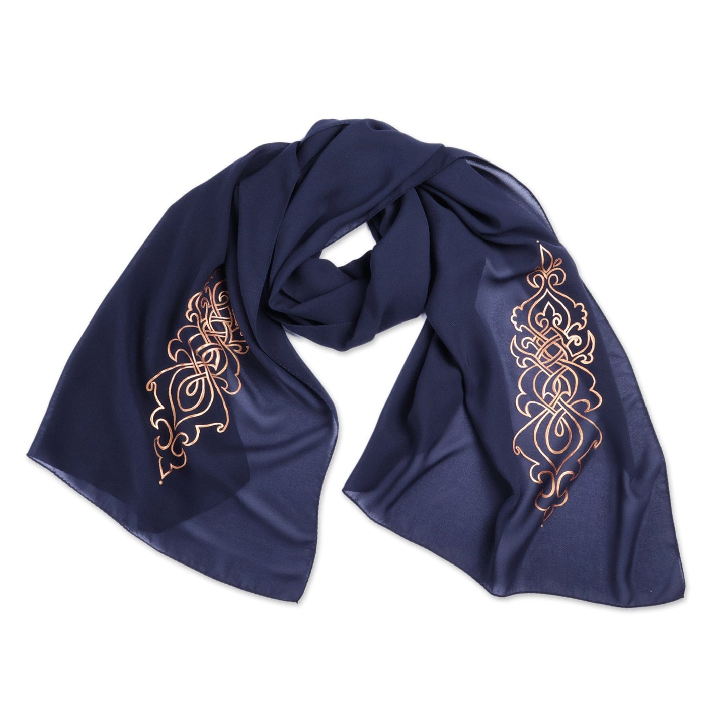Armenian Blue Silk Scarf with Hand-Painted Motifs in Gold - Blue Splendor