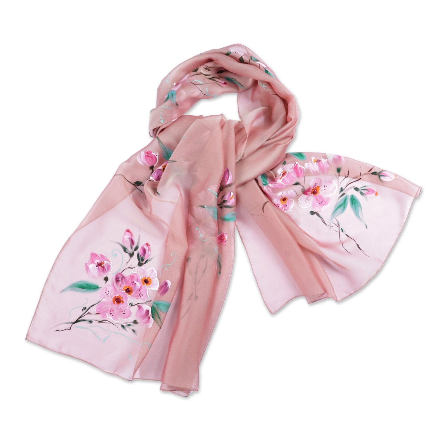 Armenian Beige Silk Scarf with Hand-Painted Floral Motifs - Garden Delight