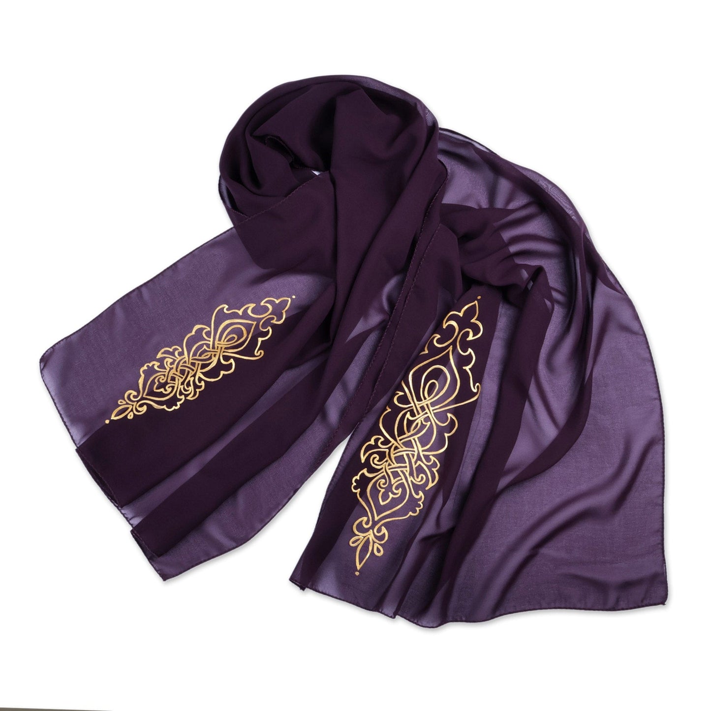 Armenian Purple Silk Scarf with Hand-Painted Motifs in Gold - Embellished Purple