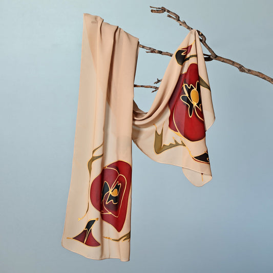 Armenian-Made Hand-Painted Red Tulip Silk Scarf in Beige - Romantic Tulip