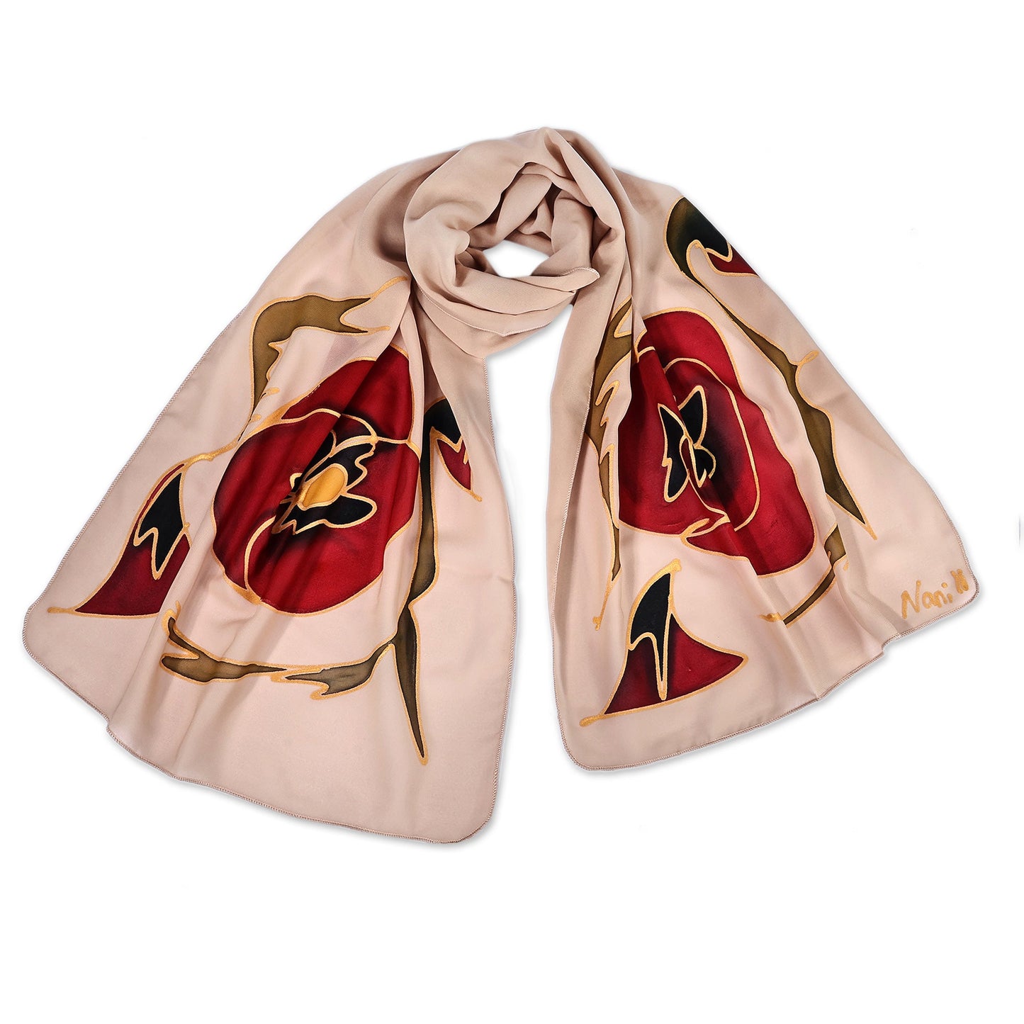 Armenian-Made Hand-Painted Red Tulip Silk Scarf in Beige - Romantic Tulip